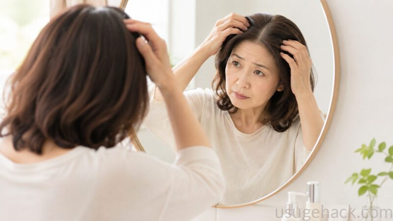 鏡の前で髪のボリュームを気にする50代女性