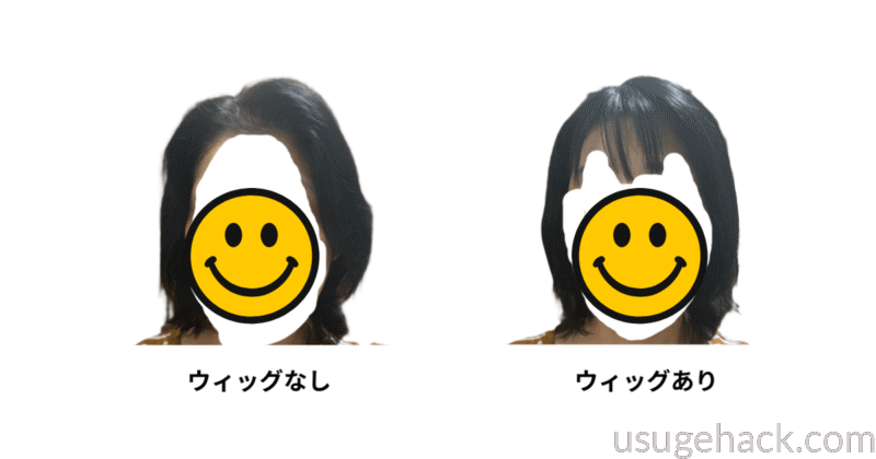 ウィッグなし(左)リネアストリアウィッグあり(右)正面から撮影した様子