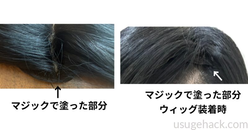 ウィッグのスキン部分を黒マジックで塗ってみた