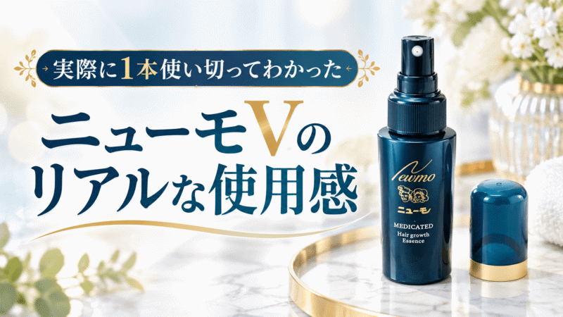 ニューモVのボトルとリアルな使用感を示す画像